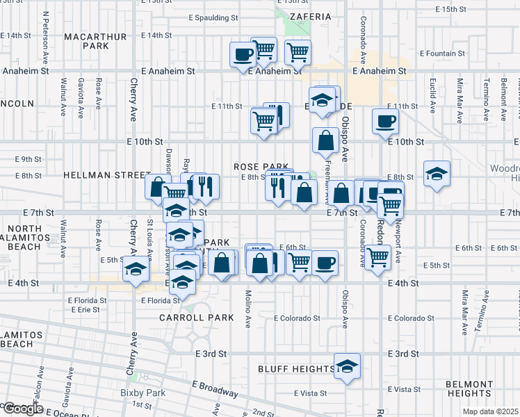 map of restaurants, bars, coffee shops, grocery stores, and more near 2705 East 7th Street in Long Beach