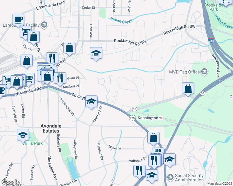 map of restaurants, bars, coffee shops, grocery stores, and more near 3235 Chutney Court in Decatur