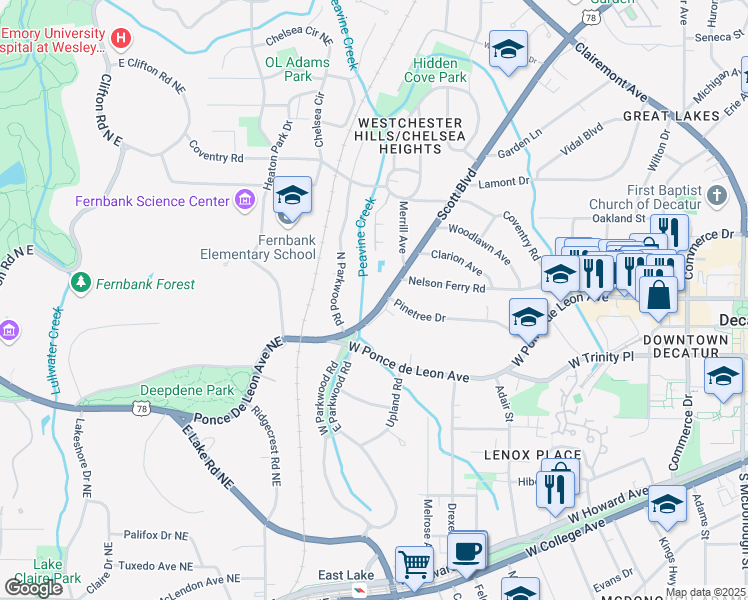 map of restaurants, bars, coffee shops, grocery stores, and more near 126 Scott Boulevard in Decatur