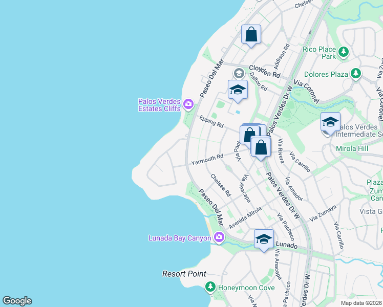 map of restaurants, bars, coffee shops, grocery stores, and more near 2132 Paseo Del Mar in Palos Verdes Estates
