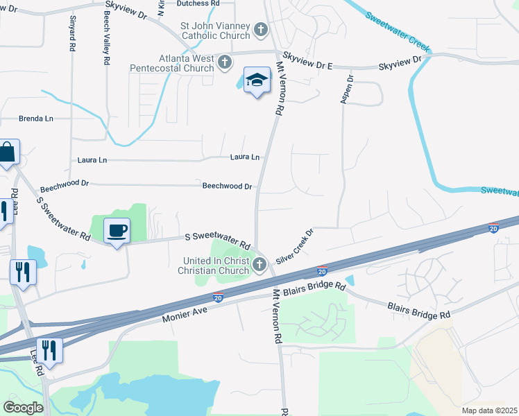 map of restaurants, bars, coffee shops, grocery stores, and more near 7356 Mount Vernon Road in Lithia Springs