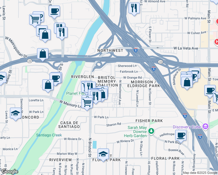 map of restaurants, bars, coffee shops, grocery stores, and more near 2833 Riverglen Lane in Santa Ana