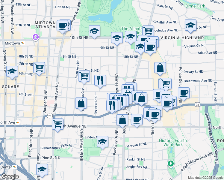 map of restaurants, bars, coffee shops, grocery stores, and more near 418 5th St NE in Atlanta