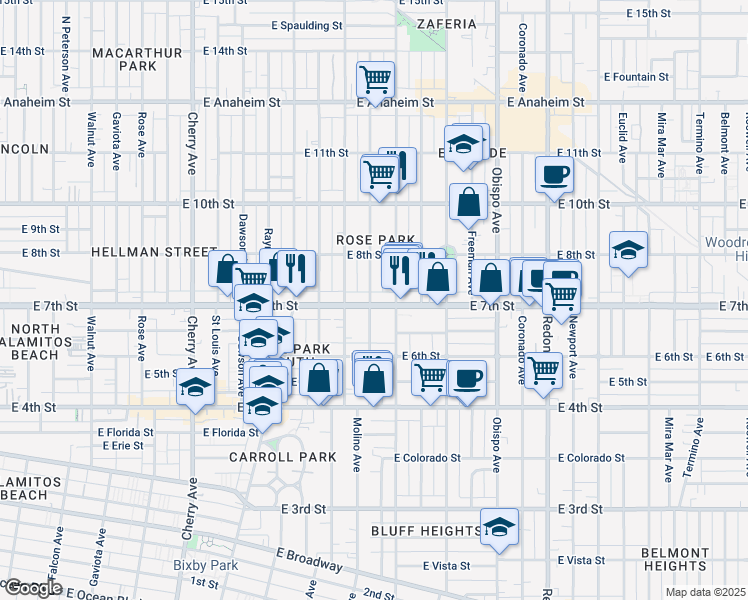 map of restaurants, bars, coffee shops, grocery stores, and more near in Long Beach