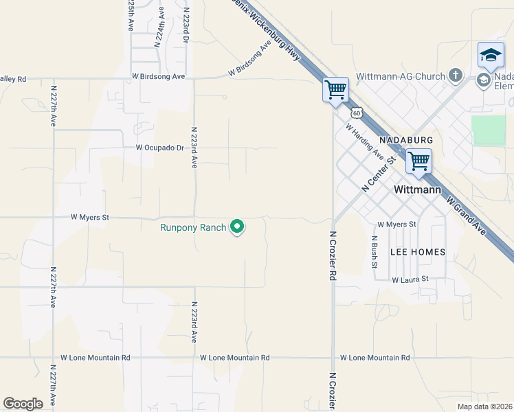 map of restaurants, bars, coffee shops, grocery stores, and more near 22122 West Myers Street in Wittmann