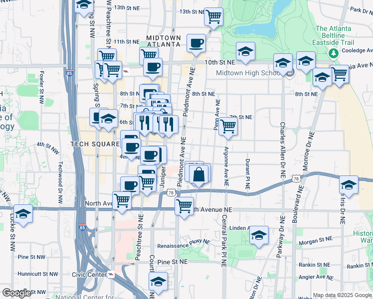map of restaurants, bars, coffee shops, grocery stores, and more near 767 Piedmont Avenue Northeast in Atlanta