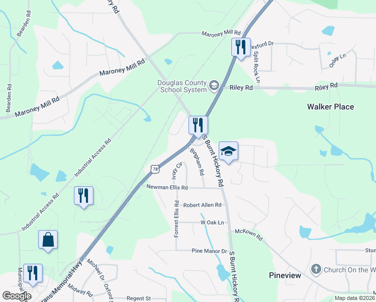 map of restaurants, bars, coffee shops, grocery stores, and more near 4115 Bankhead Highway in Douglasville