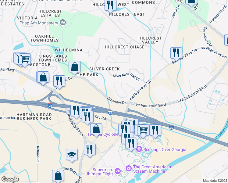 map of restaurants, bars, coffee shops, grocery stores, and more near 206 Silver Arrow Circle in Austell