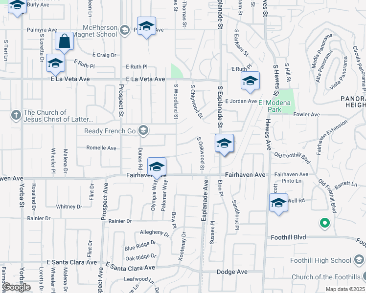 map of restaurants, bars, coffee shops, grocery stores, and more near 3744 East Fernwood Avenue in Orange