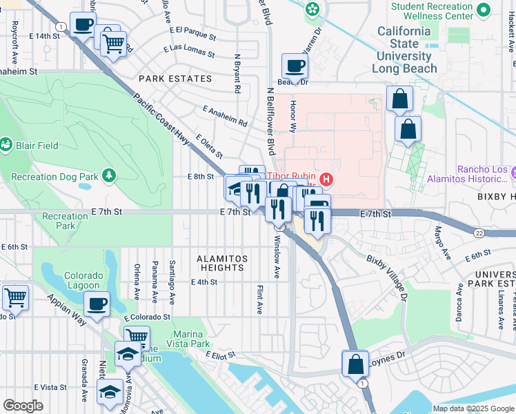 map of restaurants, bars, coffee shops, grocery stores, and more near 5597 E 7th St in Long Beach