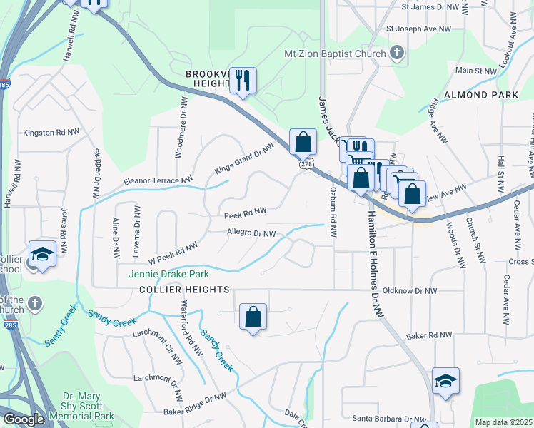 map of restaurants, bars, coffee shops, grocery stores, and more near 2850 West Peek Road Northwest in Atlanta