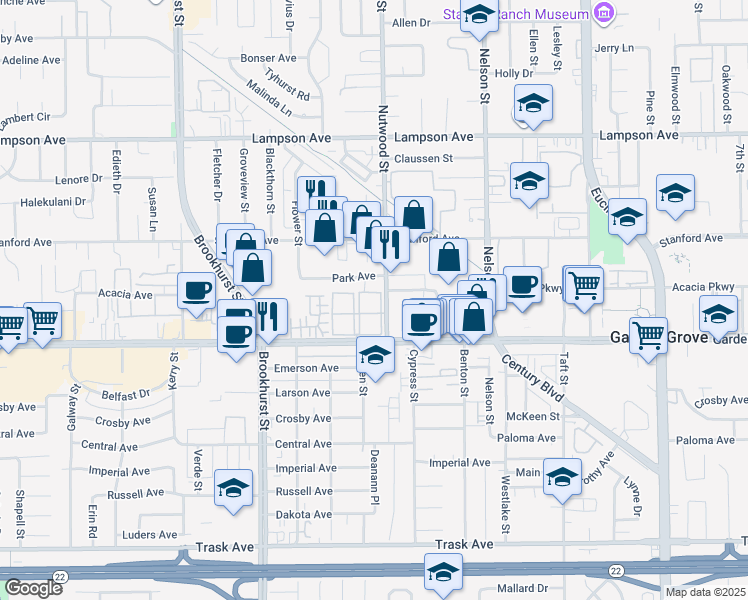 map of restaurants, bars, coffee shops, grocery stores, and more near 10411 Garden Grove Boulevard in Garden Grove