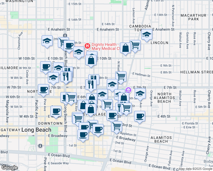 map of restaurants, bars, coffee shops, grocery stores, and more near 721 East 7th Street in Long Beach