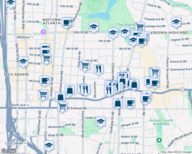 map of restaurants, bars, coffee shops, grocery stores, and more near 374 5th Street Northeast in Atlanta