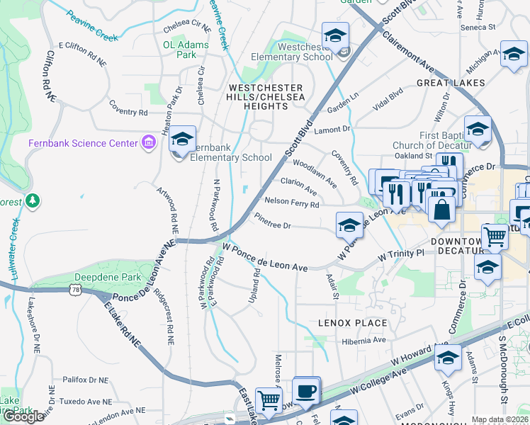 map of restaurants, bars, coffee shops, grocery stores, and more near 823 Pinetree Drive in Decatur