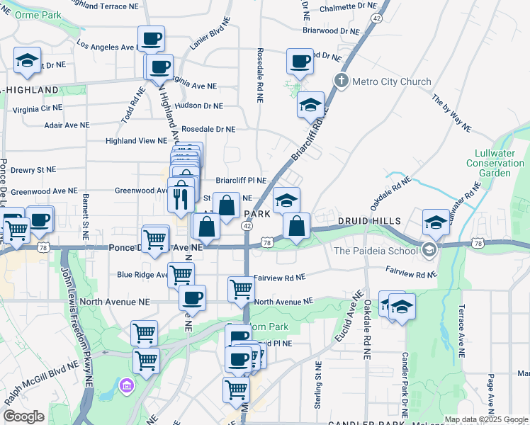 map of restaurants, bars, coffee shops, grocery stores, and more near 789 Briarcliff Road Northeast in Atlanta