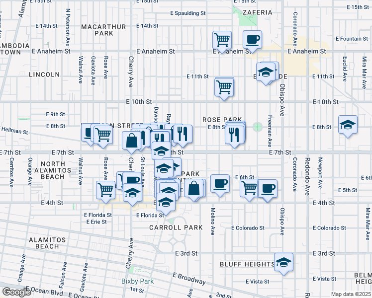 map of restaurants, bars, coffee shops, grocery stores, and more near 2441 East 7th Street in Long Beach