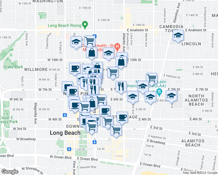 map of restaurants, bars, coffee shops, grocery stores, and more near 413 East 7th Street in Long Beach