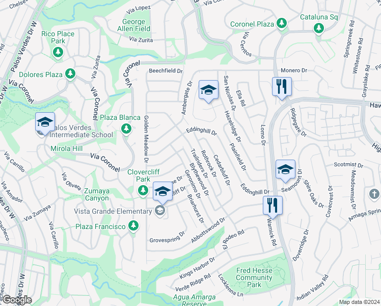map of restaurants, bars, coffee shops, grocery stores, and more near 28425 Trailriders Drive in Rancho Palos Verdes