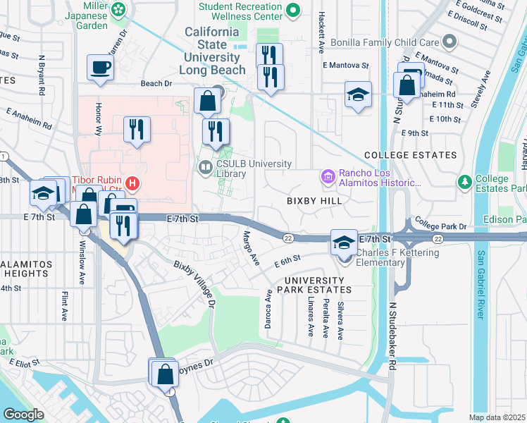 map of restaurants, bars, coffee shops, grocery stores, and more near 6226 Riviera Circle in Long Beach