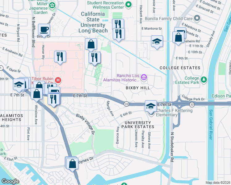 map of restaurants, bars, coffee shops, grocery stores, and more near 6200 Riviera Circle in Long Beach