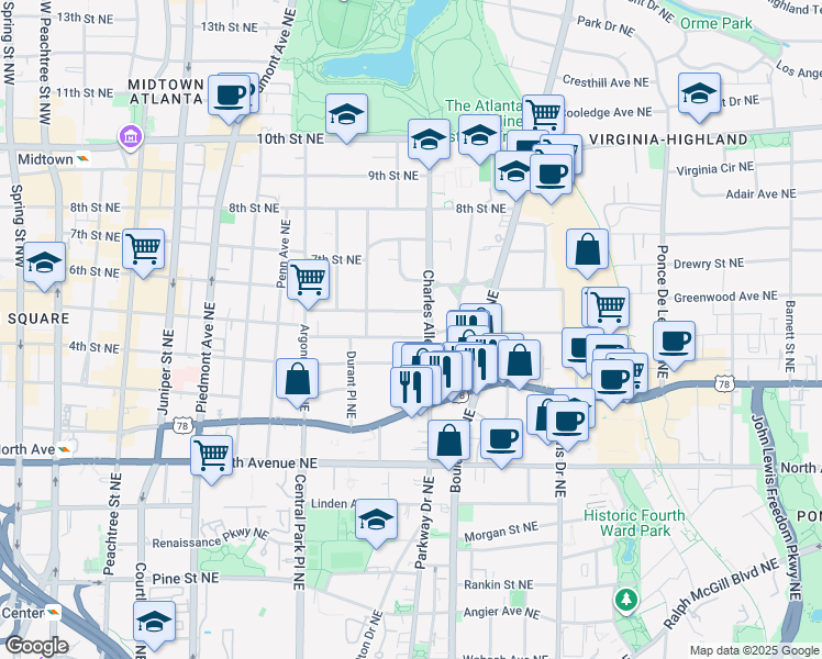 map of restaurants, bars, coffee shops, grocery stores, and more near 418 5th Street Northeast in Atlanta