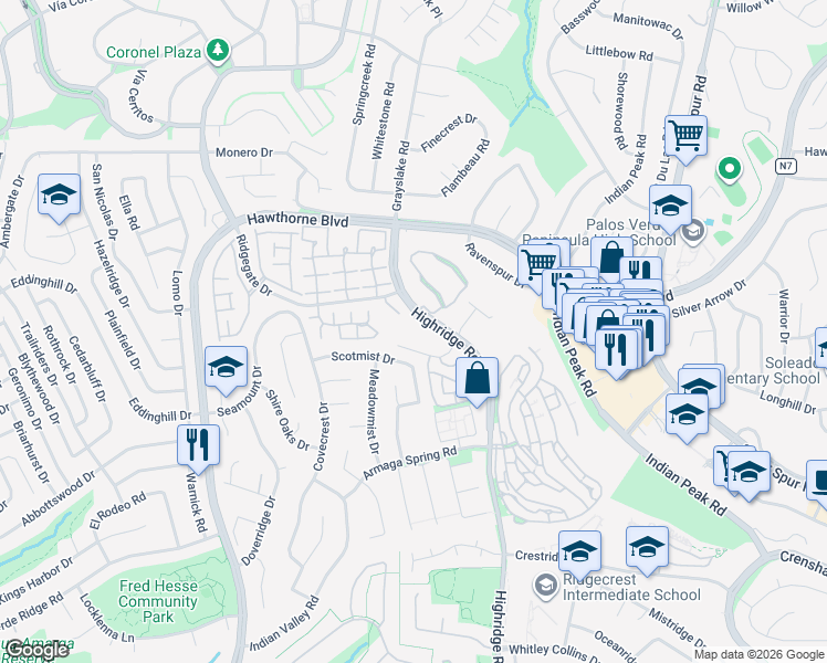map of restaurants, bars, coffee shops, grocery stores, and more near 5975 Peacock Ridge Road in Rancho Palos Verdes