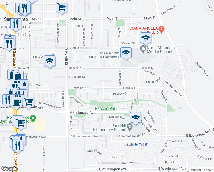 map of restaurants, bars, coffee shops, grocery stores, and more near 921 East Evans Street in San Jacinto
