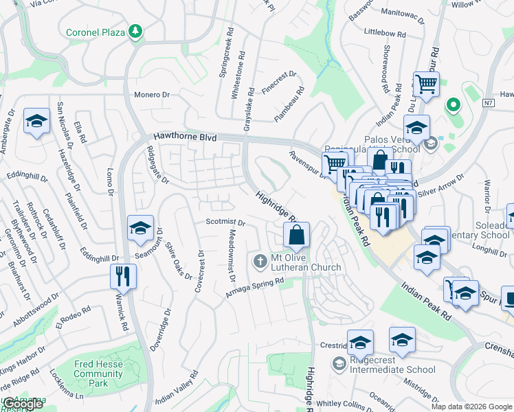 map of restaurants, bars, coffee shops, grocery stores, and more near 5975 Peacock Ridge Road in Rancho Palos Verdes