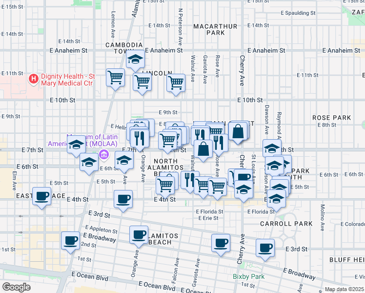 map of restaurants, bars, coffee shops, grocery stores, and more near 1509 East 7th Street in Long Beach