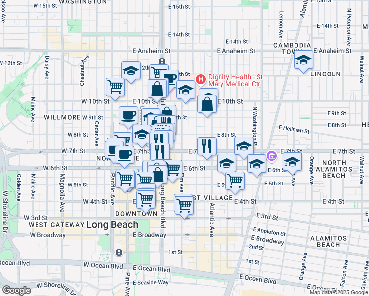 map of restaurants, bars, coffee shops, grocery stores, and more near 401 East 7th Street in Long Beach