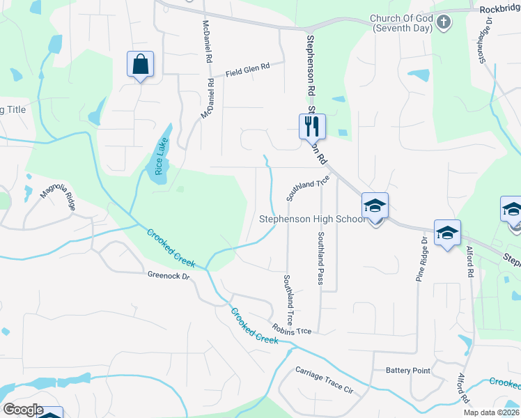 map of restaurants, bars, coffee shops, grocery stores, and more near 800 Southland Forest Way in Stone Mountain