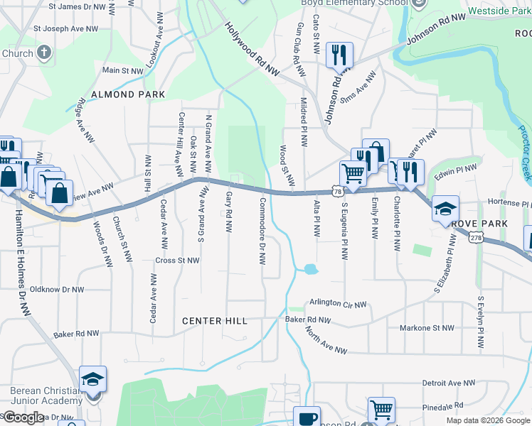 map of restaurants, bars, coffee shops, grocery stores, and more near 849 Commodore Drive Northwest in Atlanta