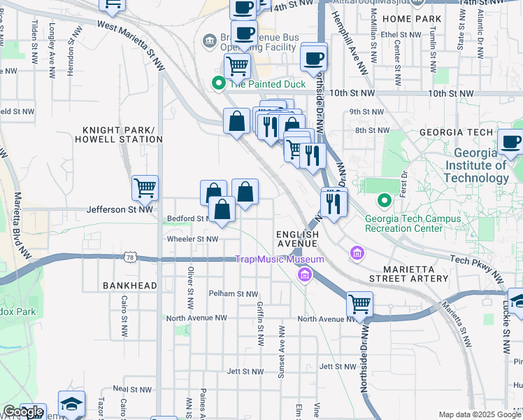 map of restaurants, bars, coffee shops, grocery stores, and more near 763 Griffin Street Northwest in Atlanta