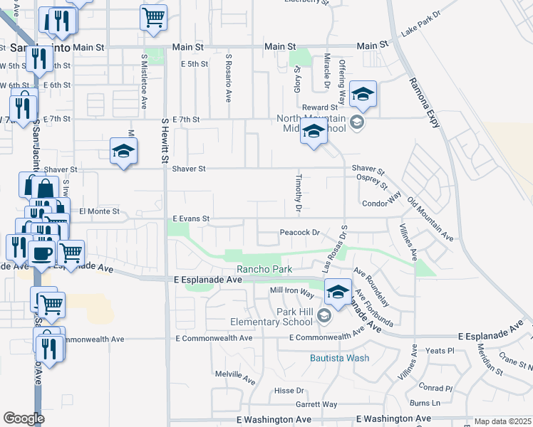 map of restaurants, bars, coffee shops, grocery stores, and more near 921 East Evans Street in San Jacinto