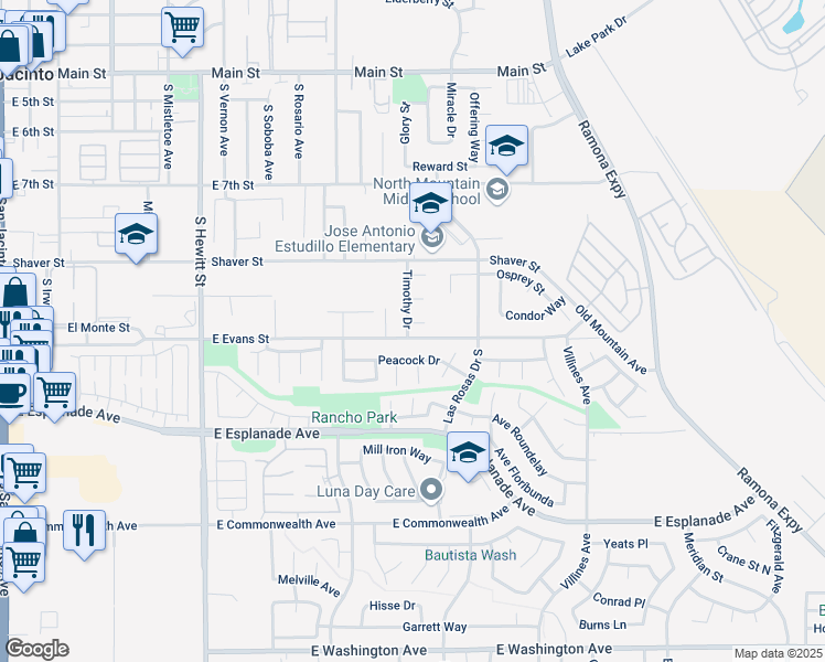 map of restaurants, bars, coffee shops, grocery stores, and more near 1010 Daniel Ct in San Jacinto
