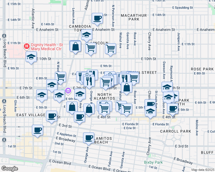map of restaurants, bars, coffee shops, grocery stores, and more near 1409 East 7th Street in Long Beach