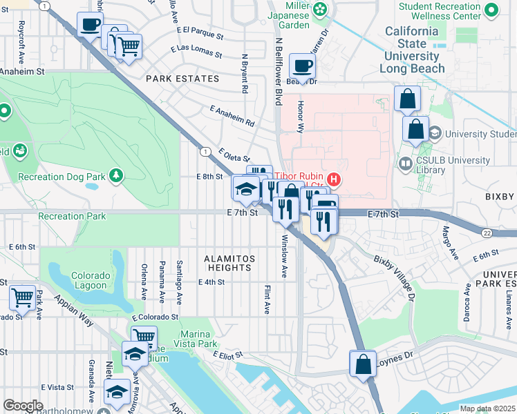 map of restaurants, bars, coffee shops, grocery stores, and more near in Long Beach