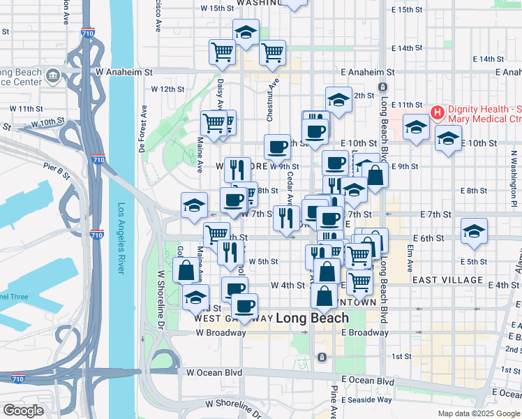 map of restaurants, bars, coffee shops, grocery stores, and more near 403 West 7th Street in Long Beach