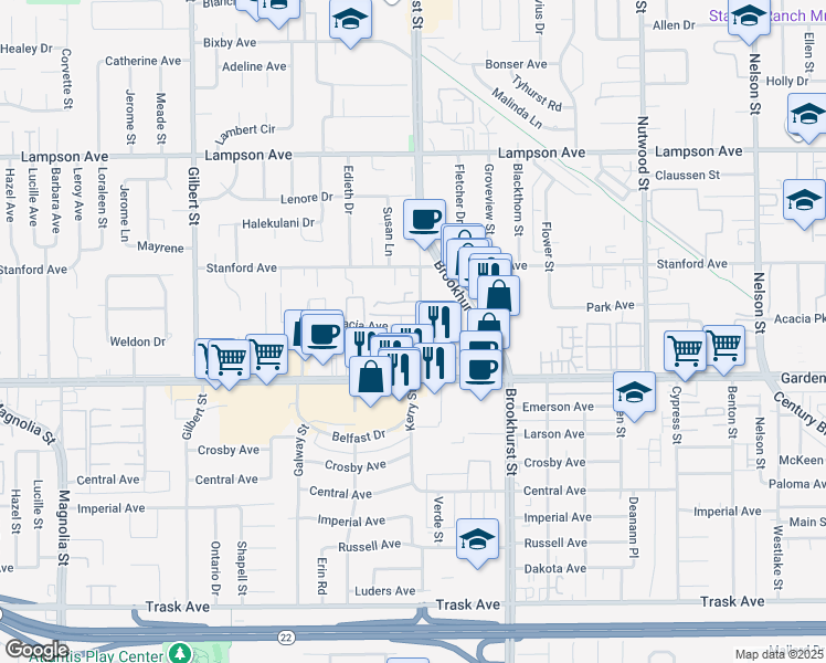 map of restaurants, bars, coffee shops, grocery stores, and more near 9922 Acacia Avenue in Garden Grove