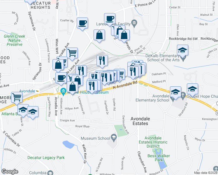 map of restaurants, bars, coffee shops, grocery stores, and more near 32B North Avondale Road in Avondale Estates
