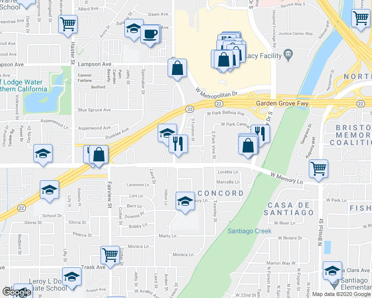 map of restaurants, bars, coffee shops, grocery stores, and more near 4028 West El Rancho Avenue in Orange