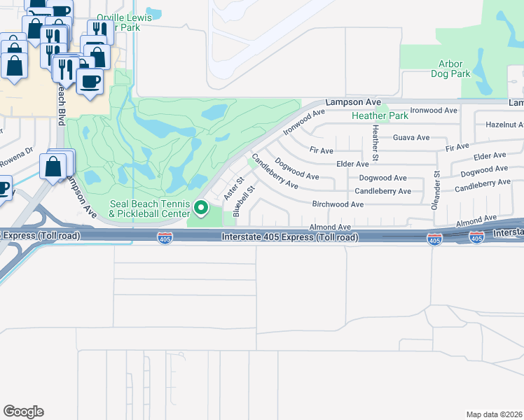 map of restaurants, bars, coffee shops, grocery stores, and more near 4200 Banyan Avenue in Seal Beach