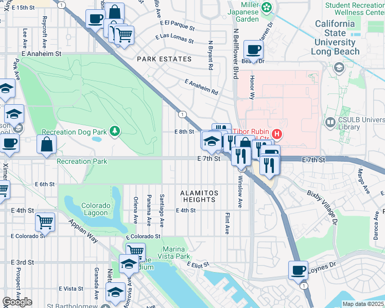 map of restaurants, bars, coffee shops, grocery stores, and more near 705 Havana Avenue in Long Beach