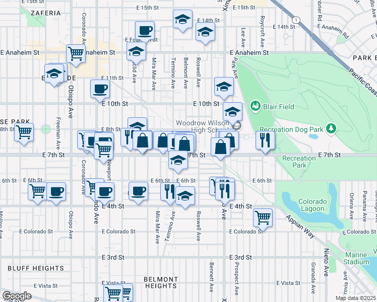 map of restaurants, bars, coffee shops, grocery stores, and more near 4107 East 7th Street in Long Beach