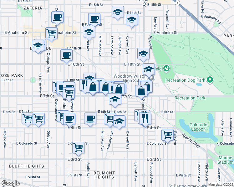 map of restaurants, bars, coffee shops, grocery stores, and more near 4107 East 7th Street in Long Beach
