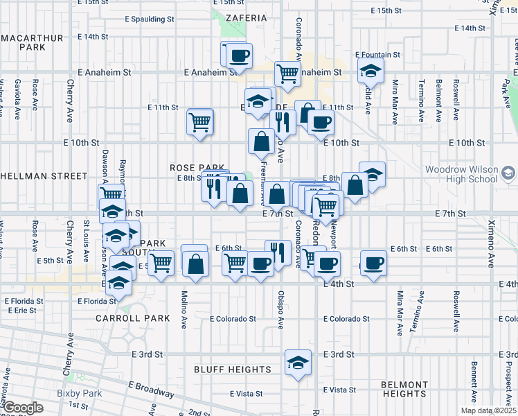 map of restaurants, bars, coffee shops, grocery stores, and more near 3011 East 7th Street in Long Beach
