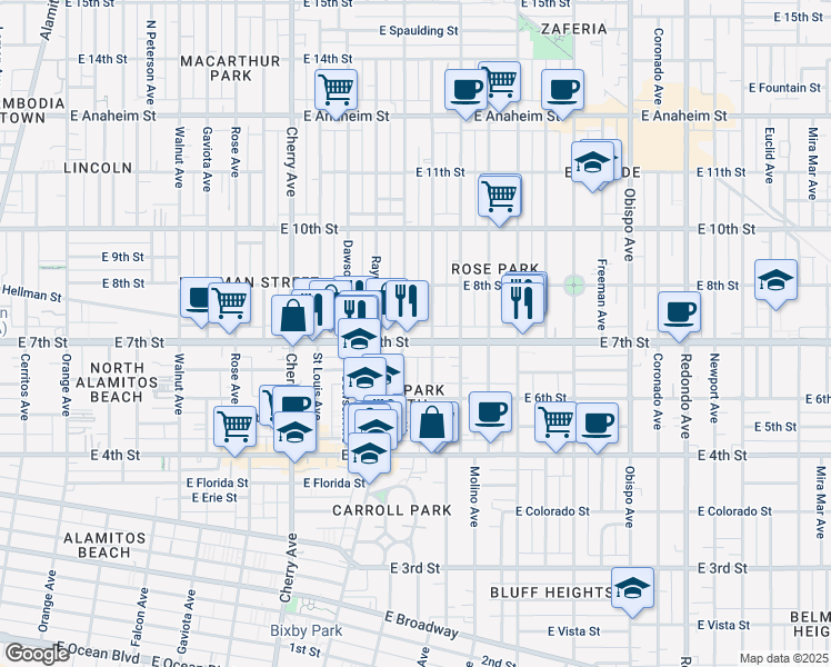 map of restaurants, bars, coffee shops, grocery stores, and more near 2441 East 7th Street in Long Beach
