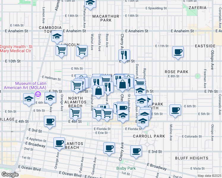 map of restaurants, bars, coffee shops, grocery stores, and more near 1739 East 7th Street in Long Beach