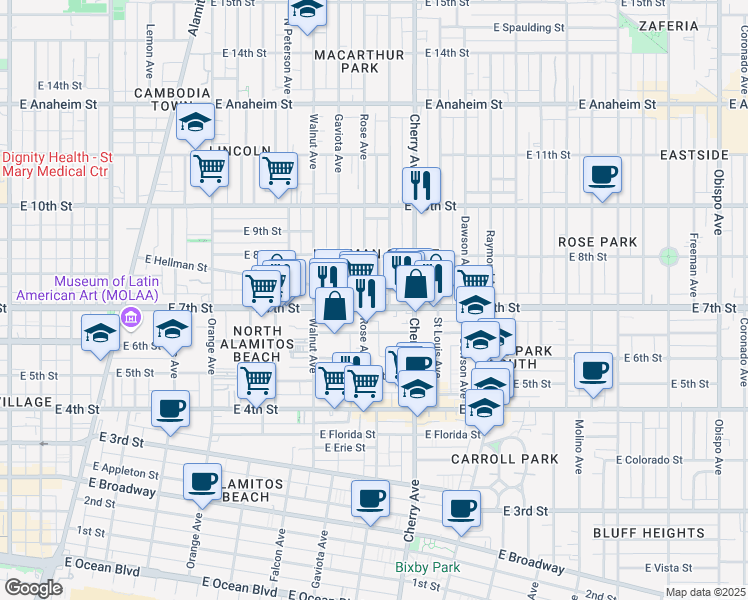 map of restaurants, bars, coffee shops, grocery stores, and more near 1739 East 7th Street in Long Beach